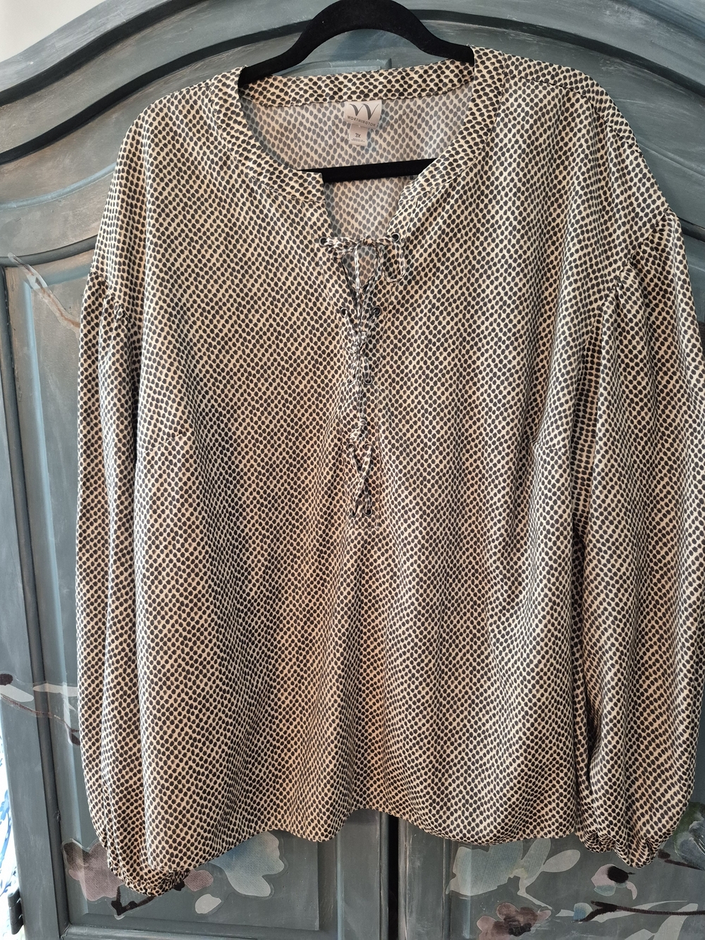 Worthington Lace-Up Geo Print Blouse - Beige & Black Animal Print